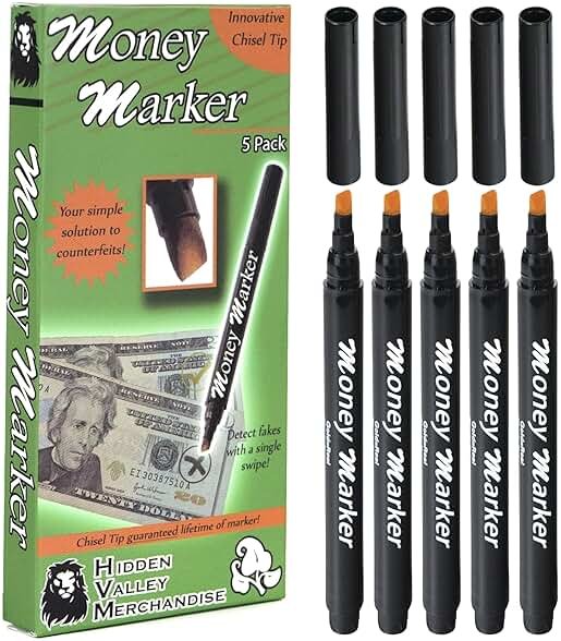 HVM Counterfeit Money Detector Pen (5 Counterfeit Pens) - Money Marker Bill Detector Pen with Upgraded Chisel Tip - Detect Fake Bills, Universal False Currency Checker Pack - Product Image