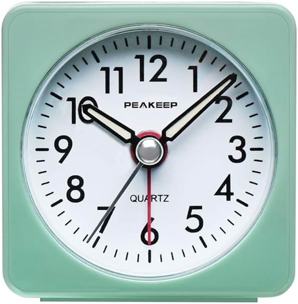 Peakeep Ultra Small, Battery Travel Alarm Clock with Snooze and Light, Silent with No Ticking Analog Quartz (Aquamarine) - Product Image
