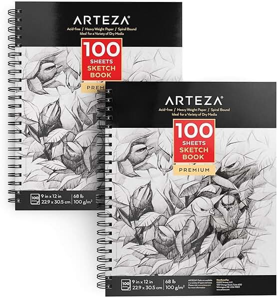 ARTEZA Sketch Book 2 Pack, 9x12 Inches, 200 Sheets of 68 lb Heavyweight Paper, Spiral Bound Drawing Pad with Perforated True-to-Size Pages for Sketching, Drawing, and Illustration - Product Image