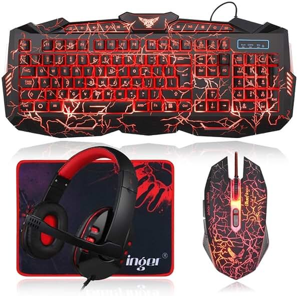 BlueFinger Gaming Keyboard Mouse Headset Combo, USB Wired Crack Backlit,114 Keys Letters Glow LED Keyboard, Red LED Light Headset for Laptop PC Computer Work and Game - Product Image
