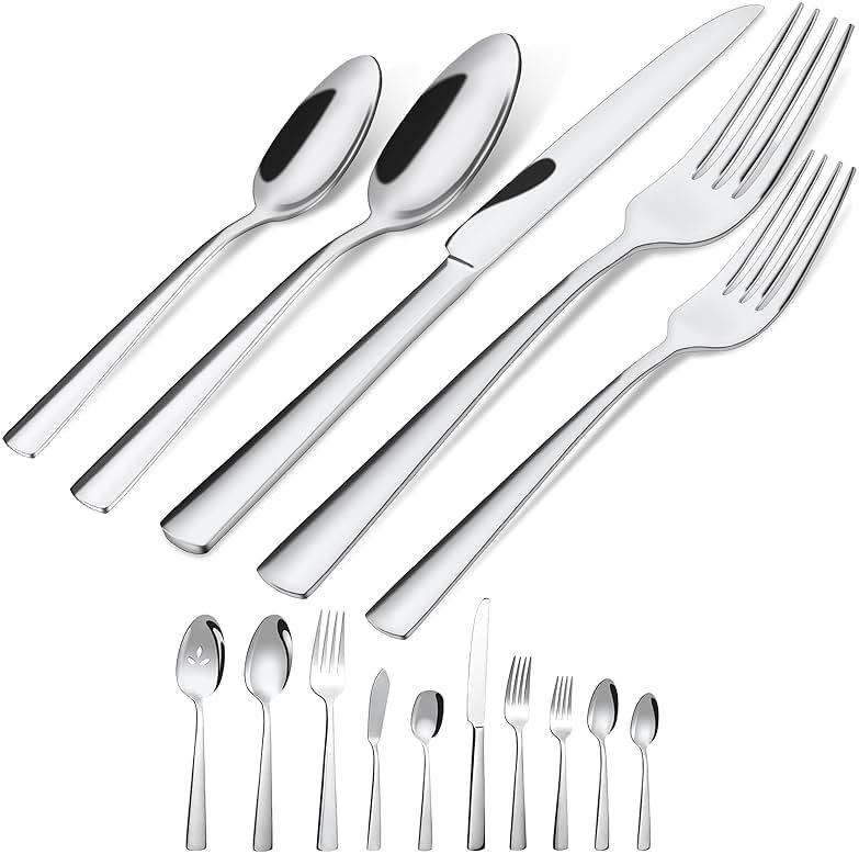 45-Piece Flatware Sets, Silverware Set for 8, Durable Stainless Steel Tableware in Ergonomic Design Size and Weight, Kitchen Utensils Set with Steak Knives, Rust-proof, Dishwasher Safe - Product Image