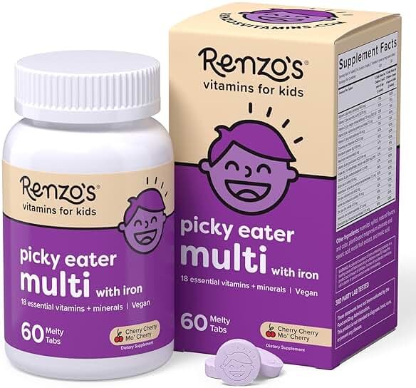 Renzo's Picky Eater Kids Multivitamin with Iron - Dissolvable Kids Vitamins with Iron, Zinc, Vitamin C, Vitamin D, E & K, Sugar-Free Melty Tabs, Cherry Flavor, 60-Count (1-2 Month Supply) - Product Image