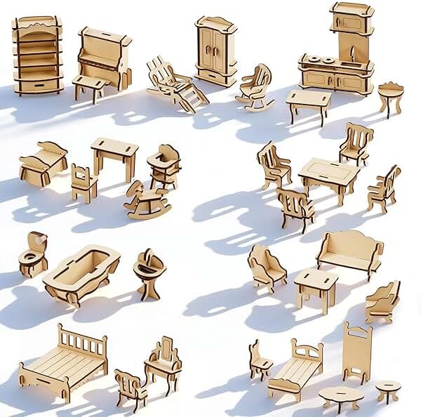 LOVEINUSA 34 PCS DIY Wooden Dollhouse Furniture Set, 1:20 Scale Miniature Room Accessories for Kitchen Living Room Bathroom for DIY Crafts Project - Product Image