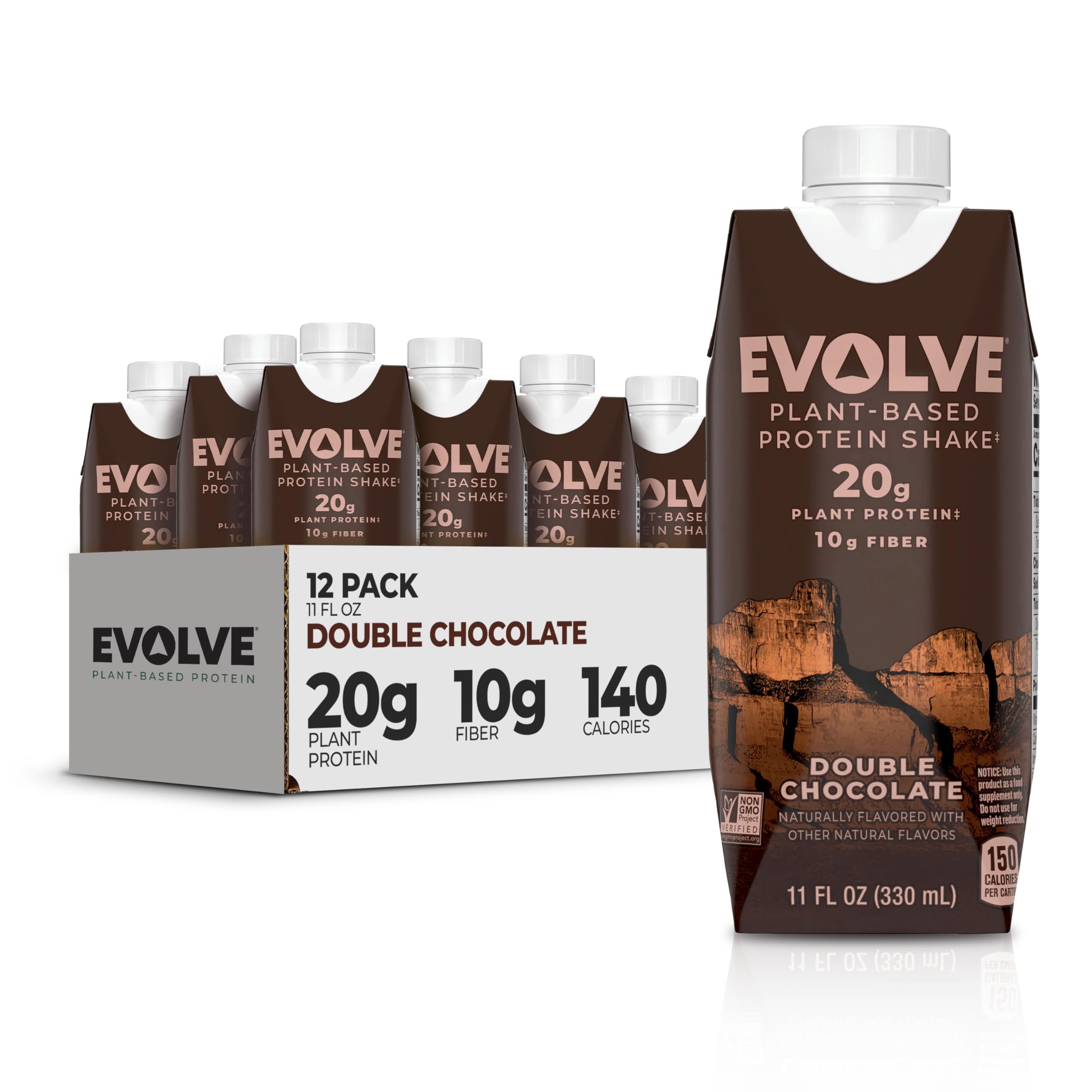 Evolve Plant Based Protein Shake, Double Chocolate, 20g Vegan Protein, Dairy Free, No Artificial Sweeteners, Non-GMO, 10g Fiber, 11 Fl Oz (Pack of 12) - (Formula May Vary) - Product Image