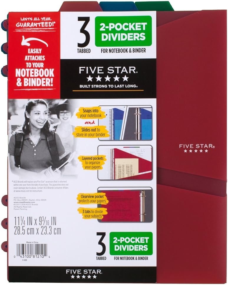 Five Star 2-Pocket Dividers, Tabbed, Colors Will Vary, 3 Pack (81210) - Product Image