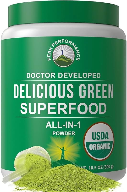 Peak Performance Organic Greens Superfood Powder. Best Tasting Super Greens Powder with 25+ Organic Ingredients for Max Energy and Athletic Performance. Vegan Keto Green Juice Daily Drink - Product Image