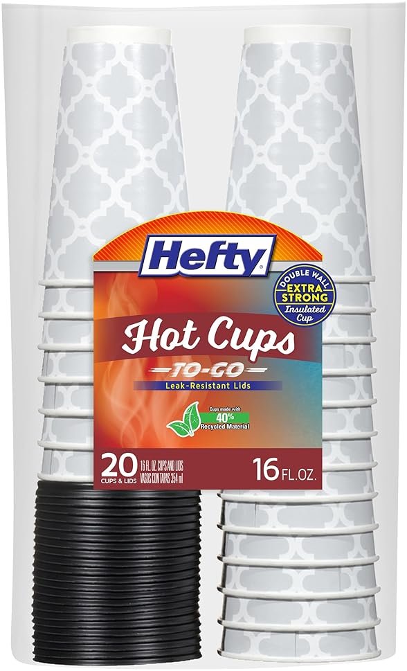 Hefty Disposable Hot Cups with Lids, Insulated Paper Coffee Cups for Tea, Cocoa and Hot Beverages, Leak Resistant Single Use Drink Cups, 16 Ounce, 20 Count - Product Image
