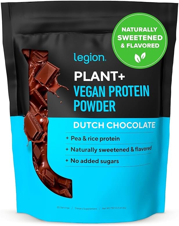 LEGION Plant+ Vegan Protein Powder, Chocolate - Rice and Pea, Plant Based Protein Blend. Gluten Free, GMO Free, Naturally Sweetened and Flavored, 20 Servings, (Chocolate) - Product Image
