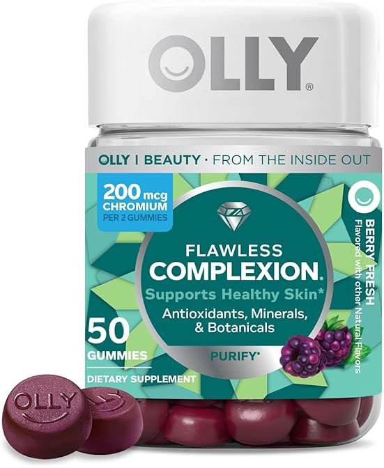 OLLY Flawless Complexion Gummy, Clear and Healthy Skin Support, Vitamins E, A, Zinc, Chewable Supplement, Berry - 50 Count (Pack of 1) - Product Image