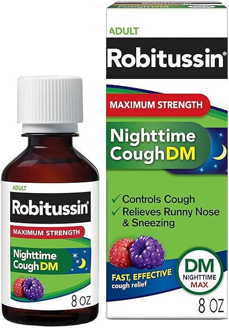 Robitussin Maximum Strength Nighttime Cough DM Max, Adult Formula, Berry Flavor - 8 Fl Oz Bottle - Product Image