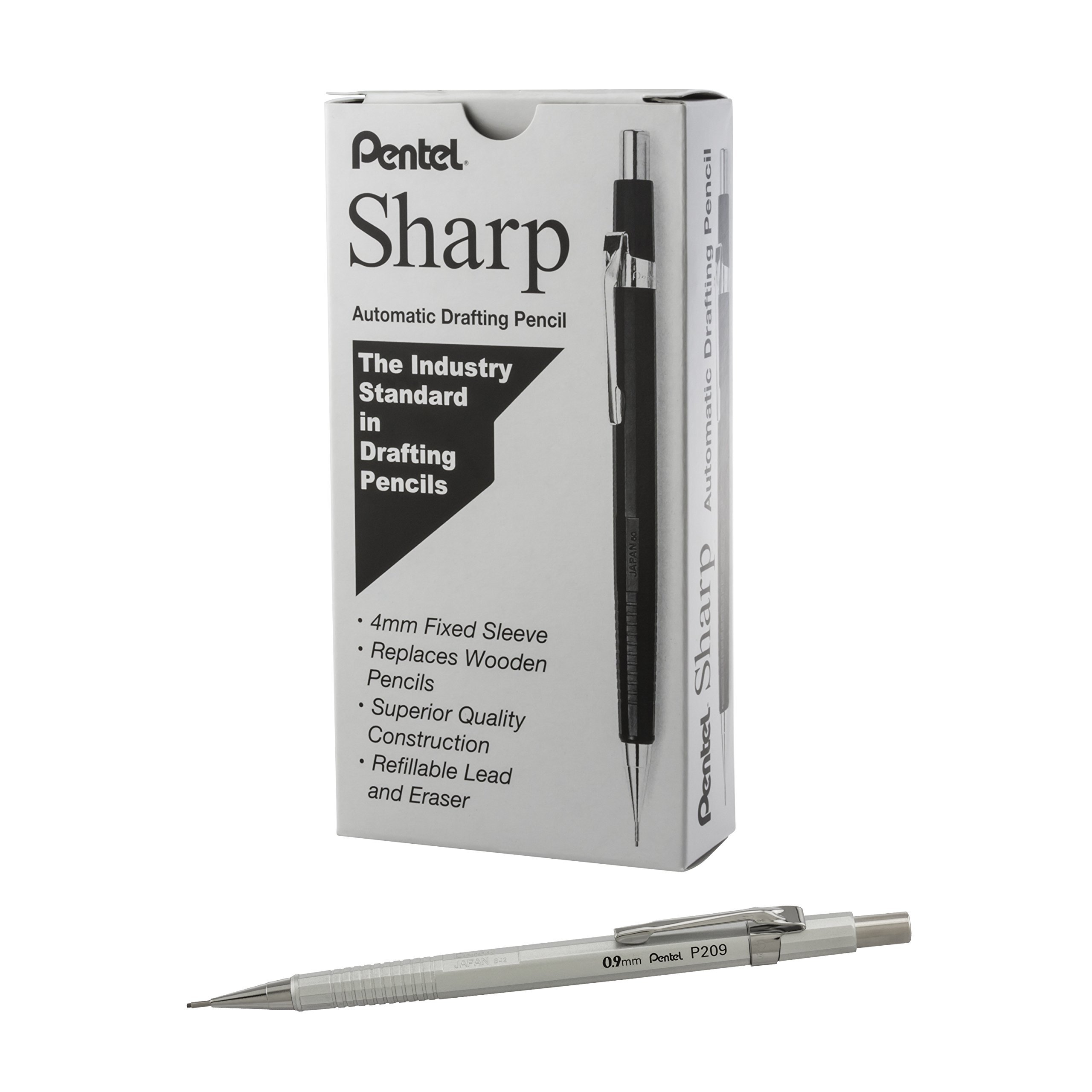 Pentel Sharp Mechanical Pencil, (0.9mm), Metallic Silver Barrel, Box of 12 (P209Z) - Product Image