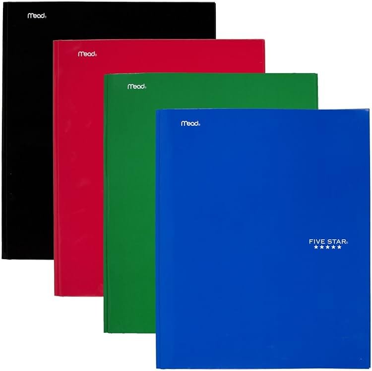 Five Star 2 Pocket Folders with Prong Fasteners, Folders with Pockets, Black, Red, Blue, Green, 4 Pack (38105) - Product Image