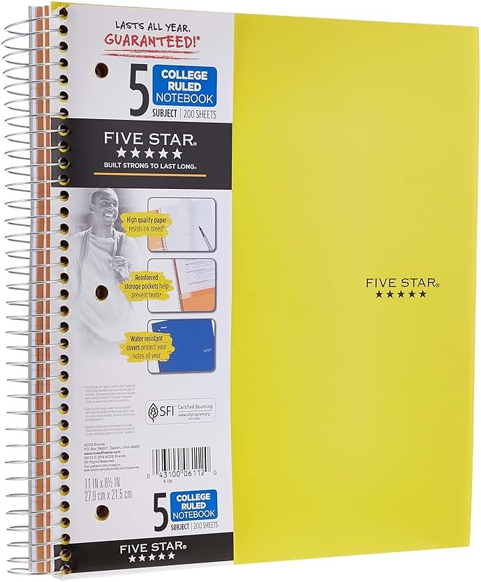 Five Star Spiral Notebooks, 5 Subject, College Ruled Paper, 200 Sheets, 11" x 8-1/2", Teal, Yellow, 2 Pack (73509) - Product Image