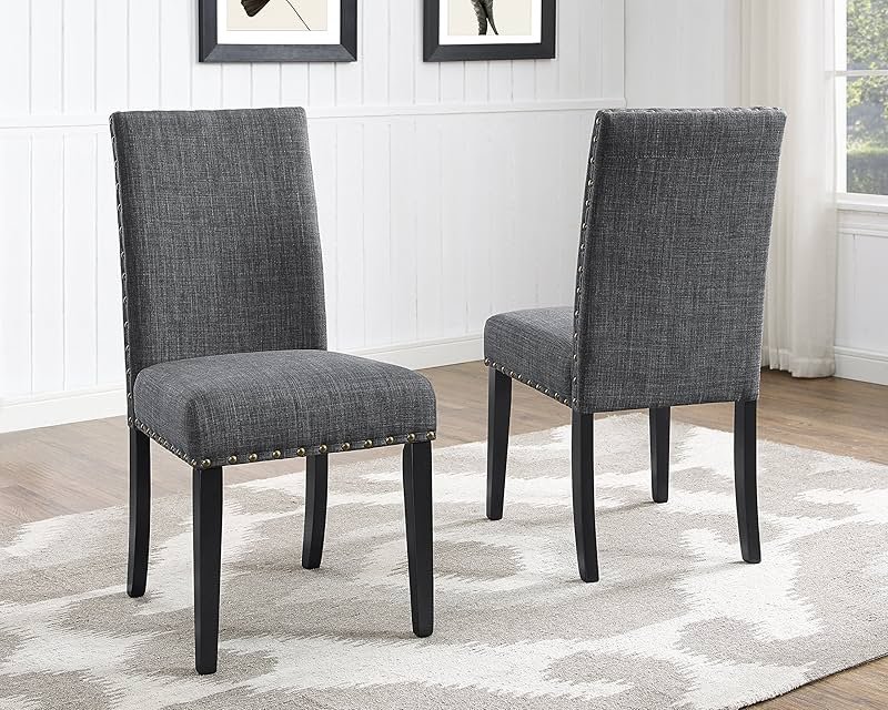 Roundhill Furniture Biony Gray Fabric Dining Chairs with Nailhead Trim, Pack of 2 - Product Image