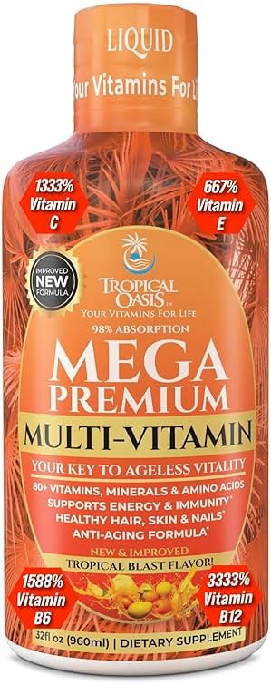 Mega Premium Liquid Multivitamin | Natural Immune Support Vitamin w/ 1333% Vitamin C, 200% D3, Zinc + 20 Vitamins, 70 Minerals, & 21 Amino Acids | Sugar Free | Orange Flavor | 98% Absorption | 32 Serv - Product Image