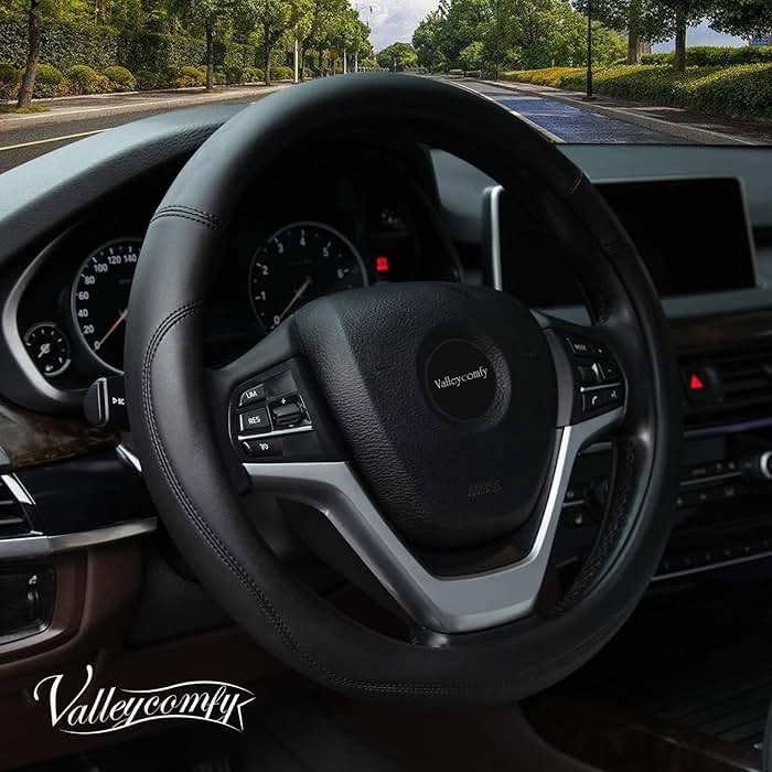 Valleycomfy Microfiber Leather Steering Wheel Cover Universal 15 inch (Black) - Product Image