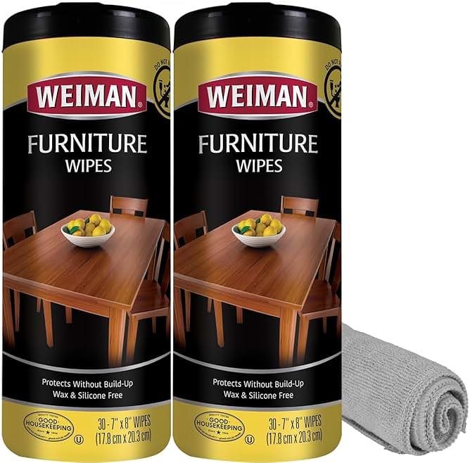 Weiman Wood Polish and Cleaning Wipes, For Furniture Cleaner, Protect from Watermarks, Stains & Aging, No Build-Up, UVX-15 Prevent Drying, Fading & Discoloration, 2 Pack with Microfiber Cloth - Product Image