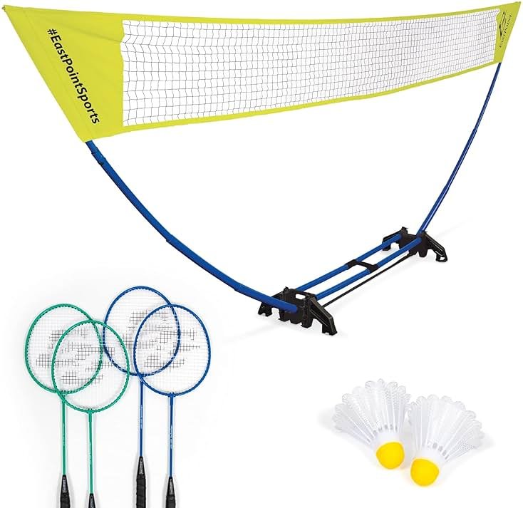 EastPoint Easy Setup Badminton Set - 15 ft Net, 4 Rackets, 2 Shuttlecocks - Quick Setup Net for Backyard Games - Steel Shaft Badminton Rackets for Family Games - Durable Shuttlecocks for Outdoors - Product Image