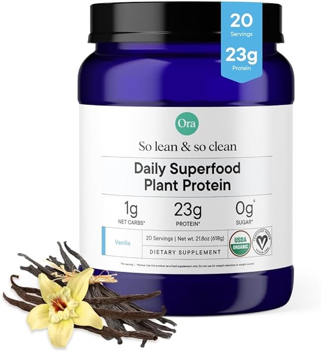Ora Organic Plant-Based Protein Powder - 23g Protein for Women and Men - Vanilla Flavor 20 Servings, Vegan, Clean Protein, Third-Party Tested, Gluten-Free - 20 Servings - Product Image