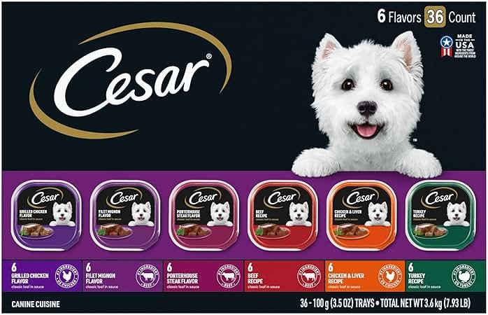 Cesar Wet Dog Food Classic Loaf in Sauce Grilled Chicken, Filet Mignon, Porterhouse Steak, Beef, Chicken & Liver and Turkey Variety Pack 3.5 oz. Easy Peel Trays (36 Count, Pack of 1) - Product Image