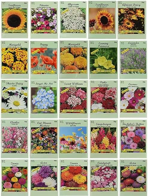 25 Slightly Assorted Flower Seed Packets - Includes 10+ Varieties - May Include: Forget Me Nots, Pinks, Marigolds, Zinnia, Wildflower, Poppy, Snapdragon and More - Made in the USA - Product Image
