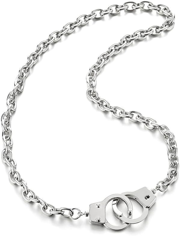 COOLSTEELANDBEYOND Handcuff Chain Necklace for Men and Women, with Rolo Link Chain, Punk Street Style Pendant - Product Image