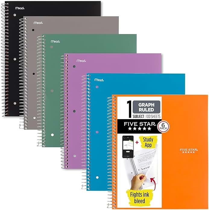 Five Star Spiral Notebook + Study App, 1 Subject, Graph Ruled Paper, 8.5" x 11", 100 Sheets, Assorted Colors, 6 Pack (73549) - Product Image