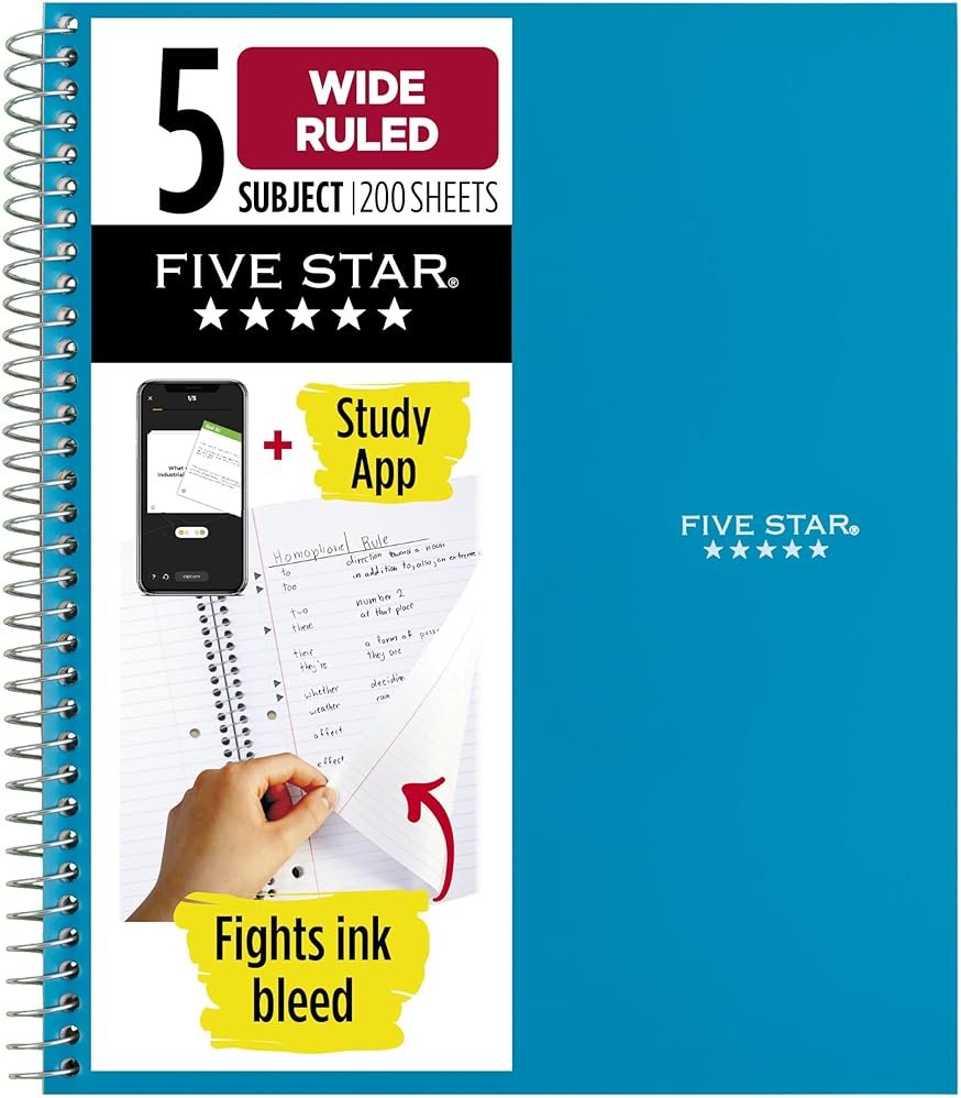 Five Star Spiral Notebook + Study App, 5 Subject, Wide Ruled Paper, 8" x 10-1/2", 200 Sheets, Fights Ink Bleed, Water Resistant Cover, Tidewater Blue (73196) - Product Image