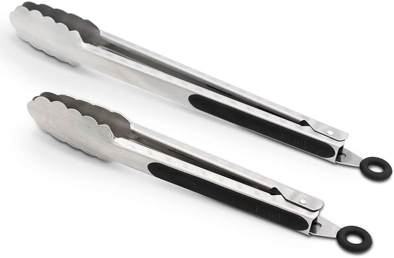 304 Stainless Steel Kitchen Cooking Tongs, 9" and 12" Set of 2 Sturdy Grilling Barbeque Brushed Locking Food Tongs with Ergonomic Grip, Black - Product Image