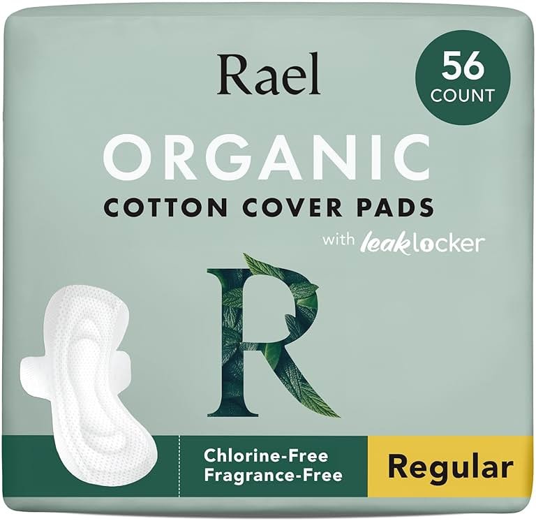 Rael Pads for Women, Organic Cotton Cover - Moderate Absorbency, Feminine Care, Ultra Thin, Sanitary Napkins with Wings, Unscented (Regular, 56 Total) - Product Image