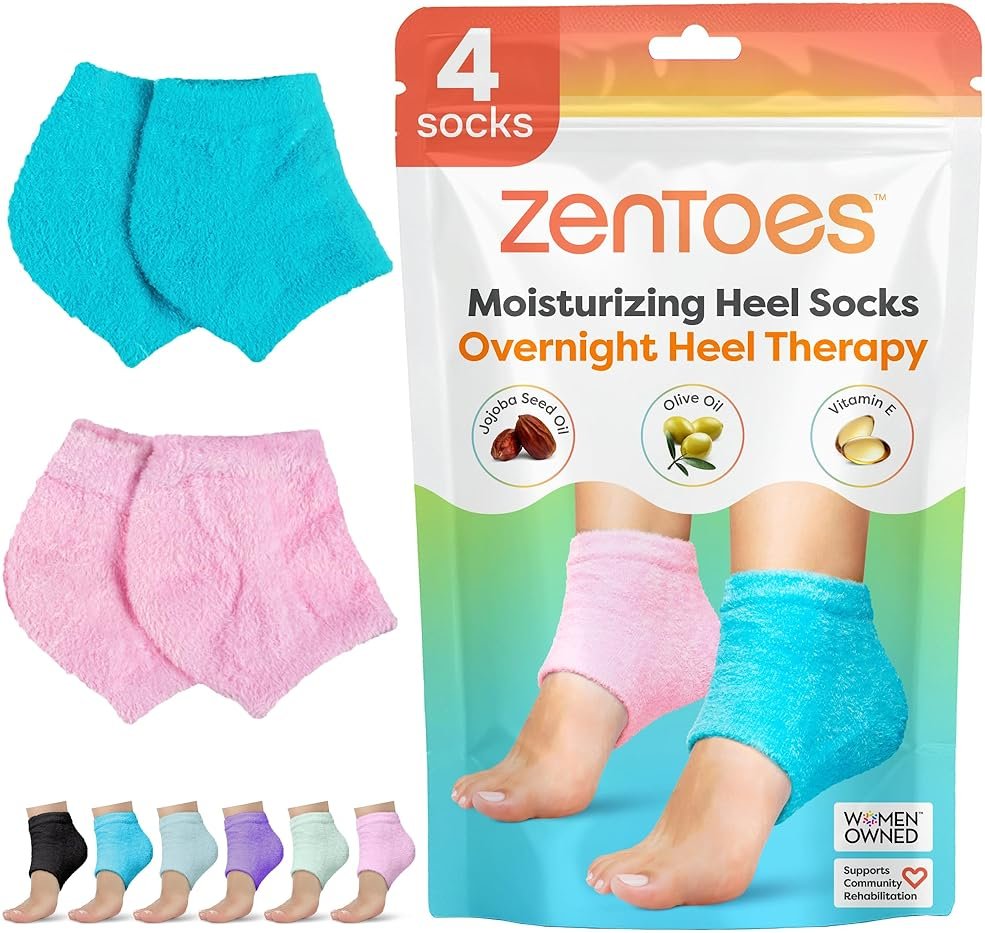 ZenToes Moisturizing Socks for Cracked Heel Treatment, Vitamin E, Olive Oil and Jojoba Oil Infused Heel Socks, Spa Gifts for Women, Relaxation Gifts for Women (Fuzzy Blue and Pink, Regular) - Product Image