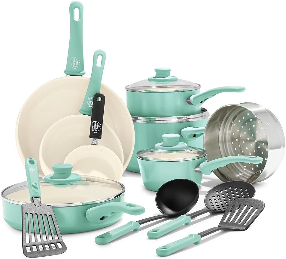 GreenLife Soft Grip 16 Piece Cookware Set, Non-Toxic PFAS-Free Ceramic Nonstick, Pots, Frying, Sauce, Saute, Glass Lids, Stay-Cool Handles, Wobble Free Bases, Dishwasher & Oven Safe, Turquoise - Product Image