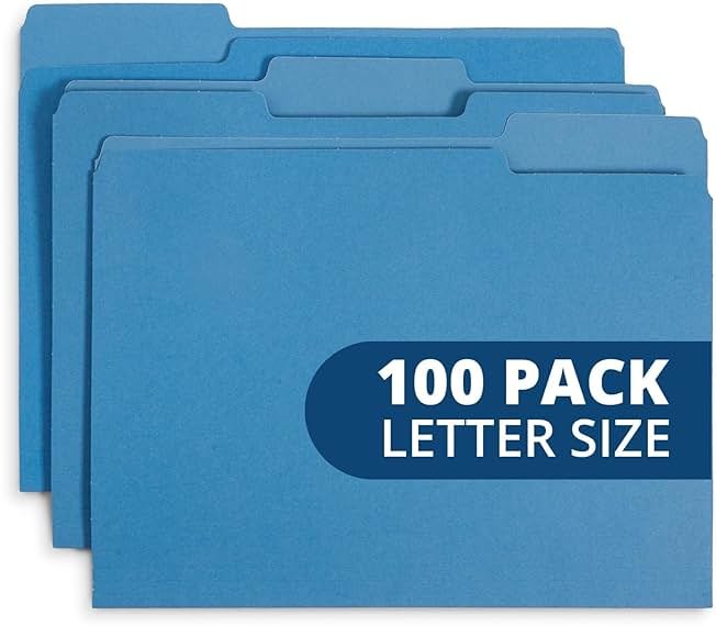 File Folder, 1/3 Cut Tab, Letter Size, Blue, Great for Organizing and Easy File Storage, 100 Per Box - Product Image