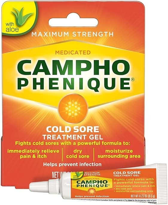 Campho Phenique Maximum Strength Cold Sore and Fever Blister Treatment Gel with Aloe for Lips, Cold Sore Treatment Gel, Instant Relief, Helps Prevent Infection To Promote Healing, 0.23 Oz - Product Image