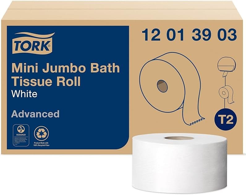 Tork Mini Jumbo Toilet Paper Roll White T2, Advanced, 1-Ply, 12 x 1200', 12013903 - Product Image