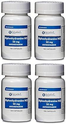 Diphenhydramine 25 mg Generic Benadryl Allergy Medicine and Antihistamine 100 Capsules per Bottle Pack of 4 - Product Image