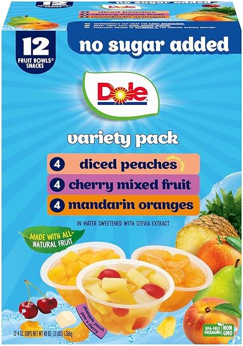 Dole Diced Peaches, Mandarin Oranges, and Cherry Mixed Fruit with No Sugar Added Variety Pack - Dole Fruit Bowls Snacks - 4 oz Bowls - 12 Pack - Product Image