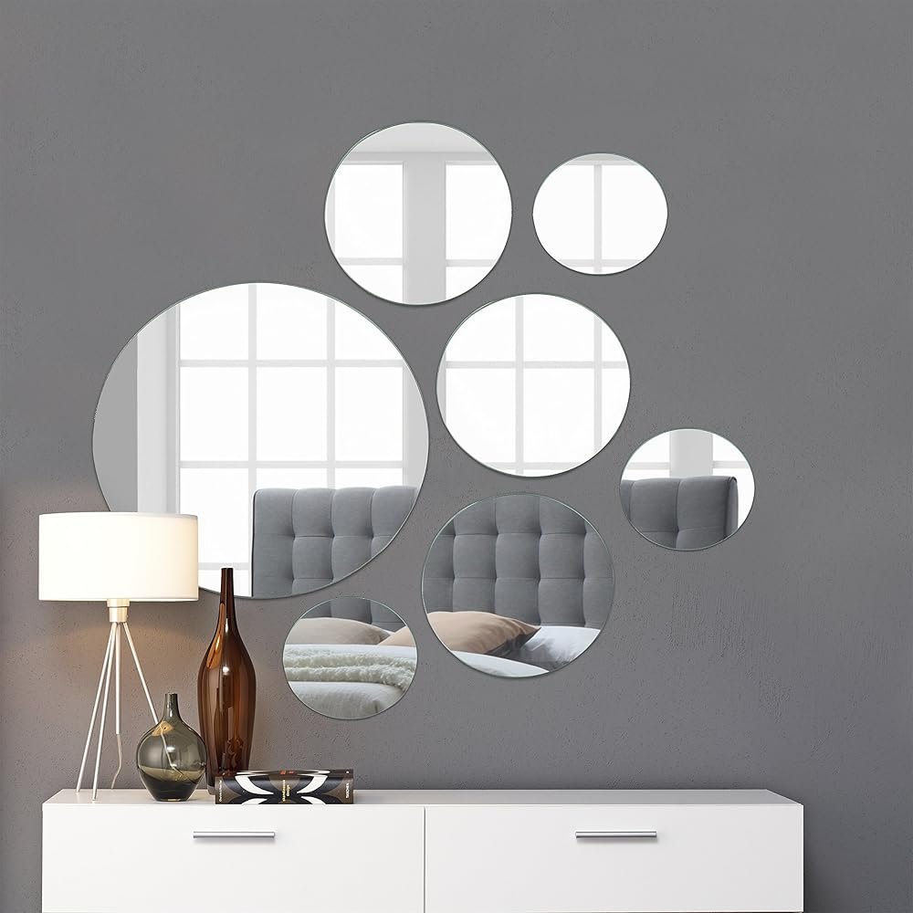 Light In The Dark Medium Round Mirror Wall Mounted Assorted Sizes (1x10”, 3x7”, 3x4”) - Set of 7 Round Glass Mirrors Wall Decoration for Living Room, Bedroom or Bathroom. - Product Image