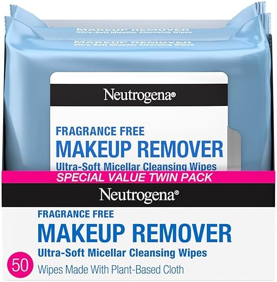 Neutrogena Makeup Remover Wipes for Face Daily Fragrance Free Gently Removes Oil Dirt and Waterproof Makeup in a Simple Fully Plant-Based Cloth, 2 pack of 25 ct - Product Image