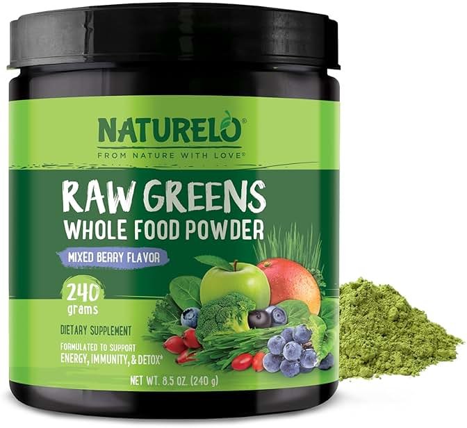 NATURELO Raw Greens Superfood Powder 240 Grams, Mixed Berry - Supports Energy, Immunity and Detox - Includes Spirulina, Wheat Grass and Organic Greens for Whole Food Nutrition - Product Image