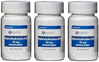 Diphenhydramine 25 mg Generic Benadryl Allergy Medicine and Antihistamine 100 Capsules per Bottle Pack of 3 - Product Image