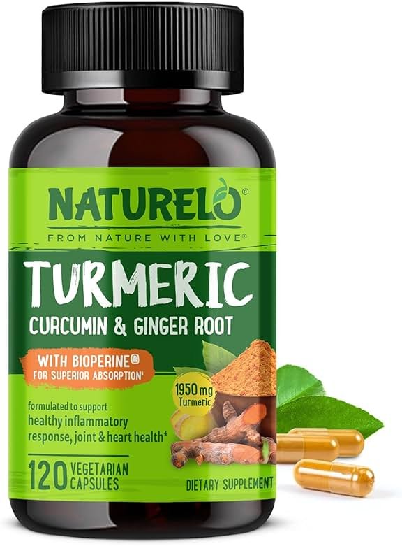 NATURELO Turmeric Curcumin - BioPerine for Better Absorption - Black Pepper, Ginger Root, Curcuminoids - Plant-Based Joint Discomfort Support - 120 Vegan Capsules - Product Image