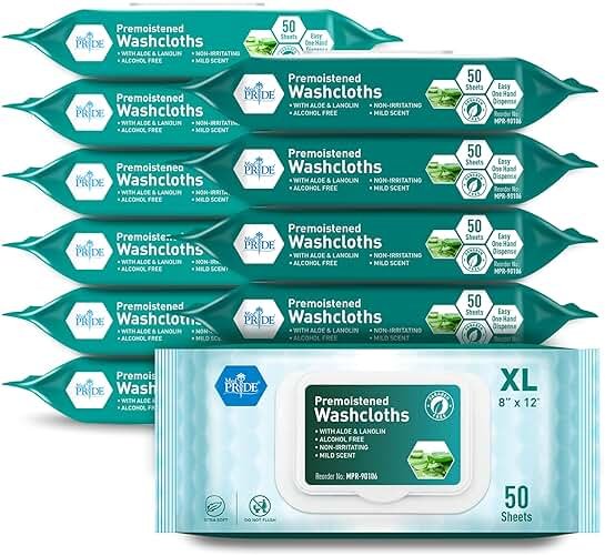 MED PRIDE 600 Count 8 X12 in Premoistened Disposable Wet Washcloths for Adults with Aloe & Lanolin Personal Cleansing Skincare Makeup Removal Travel - Product Image