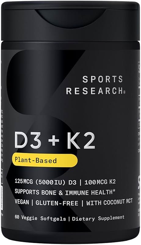 Sports Research® Vitamin D3 + K2 w/ Coconut Oil - Vegan Vitamin D 5000iu & Mk7 Vitamin K 100mcg for Bone & Immune Support - Vegan Certified · Non-GMO · Soy Free - 60 Softgels - Product Image