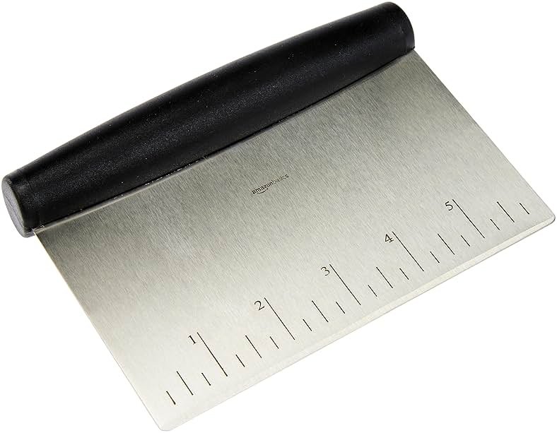 Amazon Basics Multi-Purpose Bench Scraper, Stainless Steel Dough Cutter with Measurement Marks, Dishwasher Safe, Non-slip Contoured Grip, 6", Black, Silver - Product Image