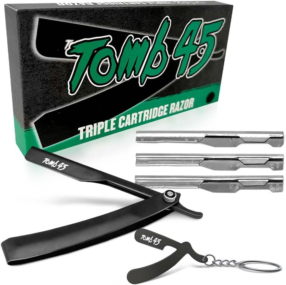 Tomb45 Triple Cartridge Razor Holder | Disposable Razor Safety Handle For Barbers | 100% Metal Grip & 3 Adjustable Blade Exposure Options For Shaving | Men's Straight Edge Razors Manual Shaver - Product Image