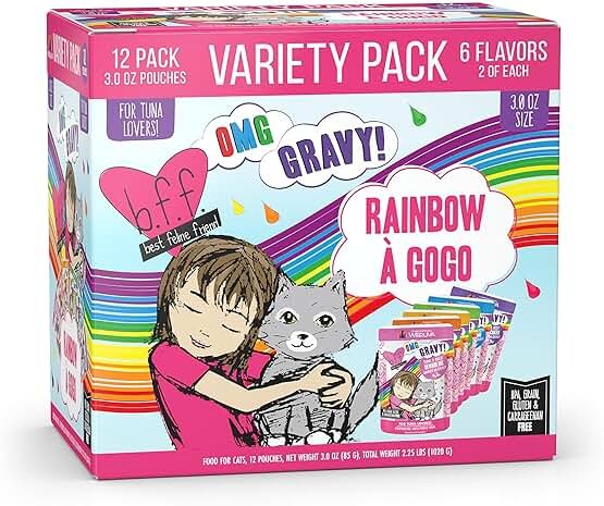 Weruva B.F.F. OMG - Best Feline Friend Oh My Gravy!, Rainbow A Gogo Variety Pack! Cat Food, 3oz Pouch (Pack of 12) - Product Image