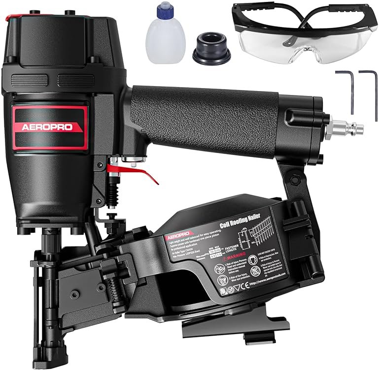 AeroPro CN45N Pneumatic Roofing Nailer – Professional Heavy-Duty Roofing Nail Gun for 15 Degree 3/4″–1-3/4″ Coil Nails on Asphalt Shingles - Product Image