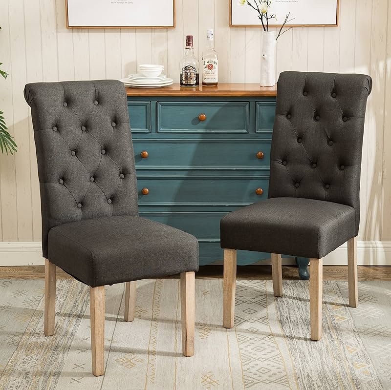 Roundhill Furniture Habit Solid Wood Tufted Parsons Charcoal Dining Chair, Set of 2 - Product Image