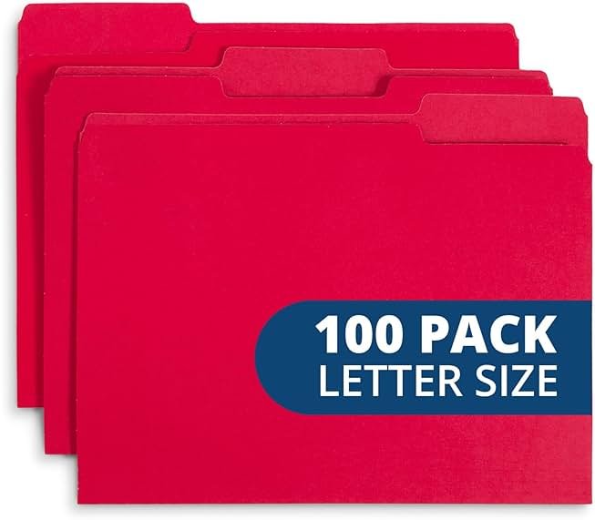 File Folder, 1/3 Cut Tab, Letter Size, Red, Great for Organizing and Easy File Storage, 100 Per Box - Product Image